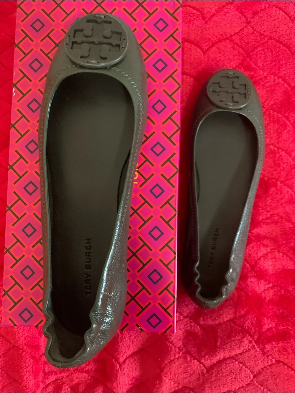 Tory Burch Black Leather Logo Ballet Flats